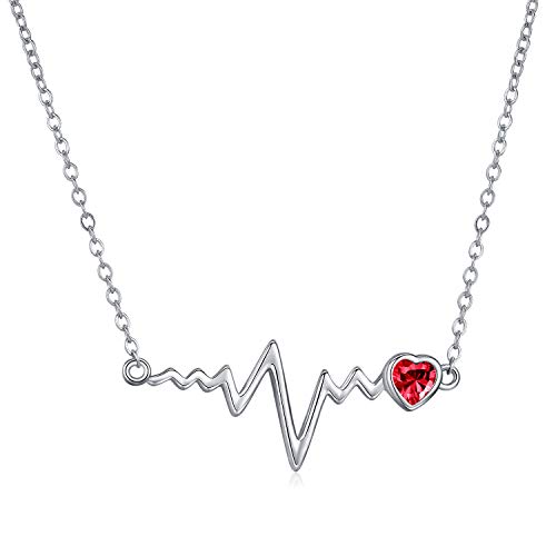 MEDWISE Heartbeat Necklace Pendant Jewelry Gifts Sterling Silver Nurse Heartbeat EKG Necklace for Her Platinum Plated Lifetime Pulse Necklace for Women Birthday Christmas Anniversary Day Garnet color