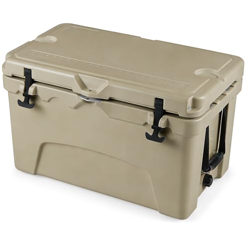 Goplus Hard Cooler Insulated Ice Chest w/Portable Handles Cup Holders Ruler Bottle Opener 6 Day Ice Retention for Drink Beverage Camping Fishing Beach (45QT Khaki)