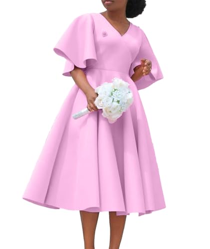 Image of SOMTHRON Women's Wrap V-Neck Ruffle Short Sleeve Midi Dress Elegant A Line Flowy Flared Cocktail Church Dress