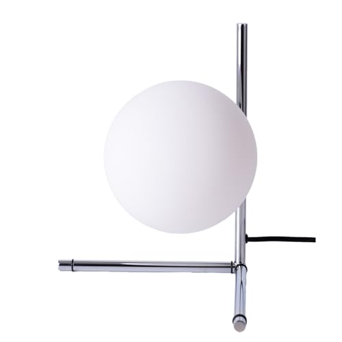 Alpinaluz Lampada da tavolo moderna – Design minimalista in acciaio cromato a forma di V e paralume sferico in vetro opale bianco – Attacco E27 per camera da letto, scrivania o comodino