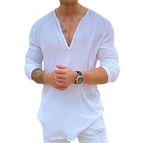 Rela Bota Mens Hawaiian V-Neck Shirt Solid Hippie Shirts Yoga Henley Shirt Beach Wear