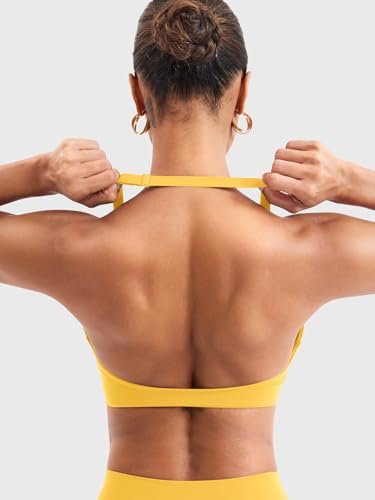Image of YEOREO Halter Sports Bras for Women Low Impact Removable Padded Adjustable Deep V Bra Seamless Workout Gym Crop Tops