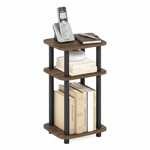 Image of Furinno JUST 3-Tier Telephone Table, Turn-N-Tube Toolless Side Table with Open Shelf, Round Curve Corner Night Stand, Bedside Table, for Living Room, Bedroom, Columbia Walnut
