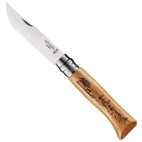 Opinel Messer - Größe 8 - Animalia - Motiv Wildschwein - Sandvikstahl 12C27 - rostfrei - Eichenholz Griff, grau