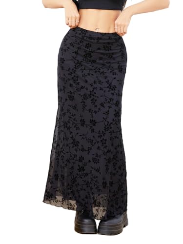 Milumia Women's Floral Print Mesh Long Skirt Low Waisted Y2k Flare Hem Fishtail Skirts3