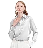 BeLockne Satin Blouse for Women, Womens Button Down Shirts Long Sleeve Silk Tops Business Casual Outfits Fashion 2024(Grey, Medium)