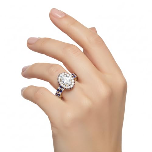 Image of Choose Your Gemstone Oval Halo Rollover Diamond CZ Wedding Ring Yellow Gold Plated Oval Shape Wedding Ring Sets Matching Jewelry Wedding Jewelry Easy to Wear Gifts US Size 4 to 12