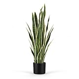 KOL 3ft Artificial Snake Plant, Fake Sansevieria Potted Floor Plants, Lifelike Faux Leaves, Indoor Home Office Room Decoration, Mother-in-Law Tongue, 35in, Yellow