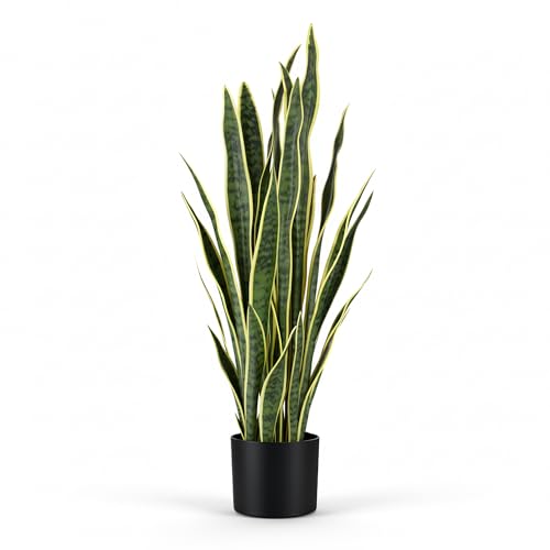 KOL 3ft Artificial Snake Plant, Fake Sansevieria Potted Floor Plants, Lifelike Faux Leaves, Indoor Home Office Room Decoration, Mother-in-Law Tongue, 35in, Yellow