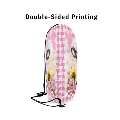 Cute Bowknot Cow Drawstring Bag 13"x16" Cartoon Rose Sunflowers Wild Animal Drawstring Backpack for Gym Travelling Pink Plaid Hearts Rustic Style Water Resistant String Bag Sports Sackpack4
