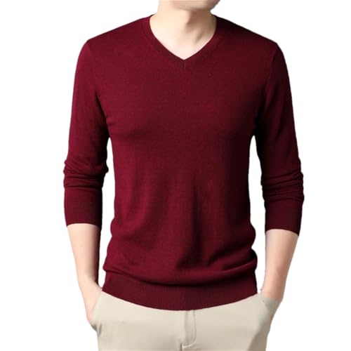 Men V-Neck Pullovers Thick Warm Knitwear Cashmere Sweaters(Burgundy,Medium)