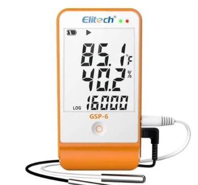 Elitech GSP-6 Pro Digital Temperature and Humidity Data Logger with external probes and LCD display showing temperature, humidity, and log count.
