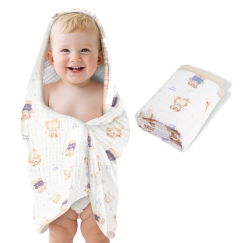 Image of Muslin Baby Towels Bath Towels 43 x 43 Inch Soft 100% Cotton Cute Animal Print Washcloths Extra Large Baby Bath Towels for Newborns Infants Toddlers Kids