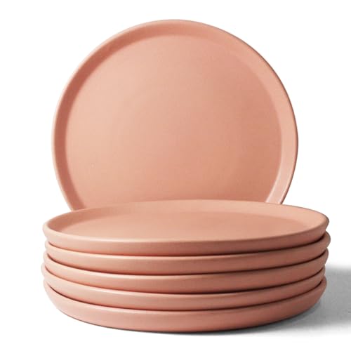 Image of Ceramic Dinner Plates, 6 Pcs | Rim Plate for Easy Eating | Microwave, Oven, Dishwasher Safe | Set of 6 Ceramic Plates for Dinner | Handmade | (Flamingo Pink, Set of 6 Dinner Plates)
