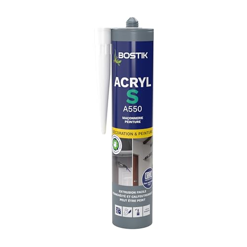 Bostik Acryl S – Mastic Acrylique – Intérieur & Extérieur – Fissures, Calfeutrement Et Joint – Tous Matériaux – Blanc – Cartouche 310 ml