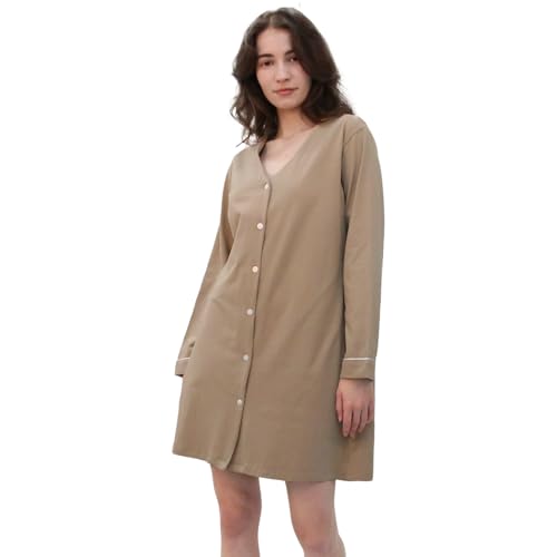 OCCIENTEC Camisón de Algodón para Mujer con Botones de Manga Larga de Lactancia para Mujer Camisón de Maternidad Caqui,XL