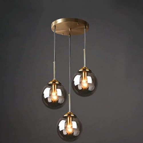 DLSixYi Lustre en laiton vintage industriel à 3 lumières Transparent/Gris fumé/Boule de verre ambre Suspension Cluster E27 Suspension pour îlot de cuisine Salon