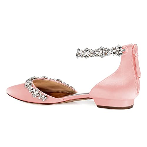 Image of XYD Women Classic Pointed Toe D'Orsay Wedding Flat Sandals Sparkly Rhinestones Ankle Strap Low Heel Dress Shoes with Zipper