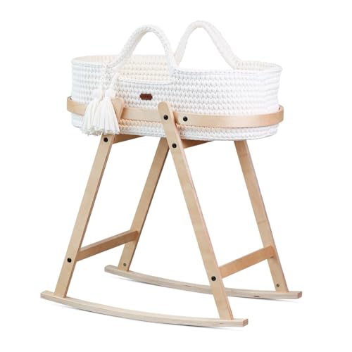 LIINI® Babywiege mit Moseskorb – sanfte Wiegebewegung, handgehäkelt, nachhaltiges Holzgestell, inkl. Matratze & Zubehör – ab Geburt bis 9 kg – Farbe Cream