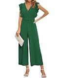 Yuanlar Women's V Neck Sleeveless Ruffles Jumpsuit Slim Fit Pleated Wide Leg Outfits Rompers (Dark G