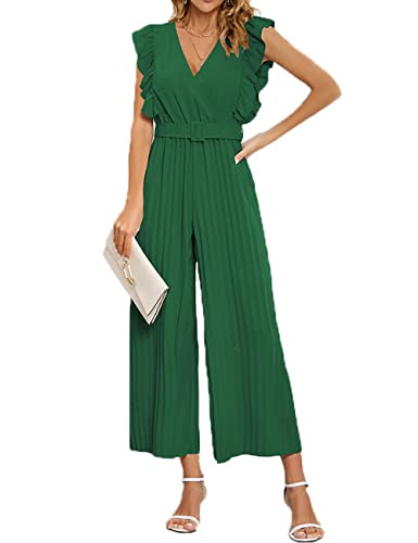 Yuanlar Women's V Neck Sleeveless Ruffles Jumpsuit Slim Fit Pleated Wide Leg Outfits Rompers (Dark Green, Xx-Large) #TOP10