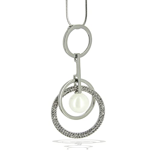 Kette mit Perle 80 cm Großer Kreis Anhänger Perlen Strass, Modeschmuck Kette Lang Weiß, Halskette Damen Rund, Ketten Damen Schmuck Edelstahl , Silberketten Damen Necklace Women Trendige Cover