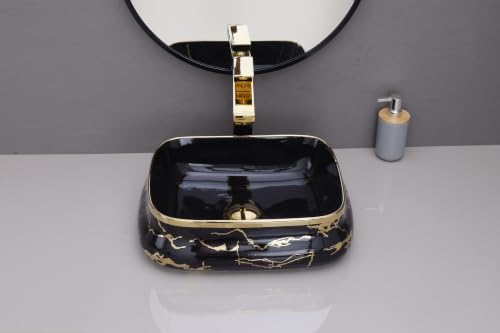 Image of HARDSTONE Black & Gold Ceramic Wash Basin Sink 18x13x5 Inches