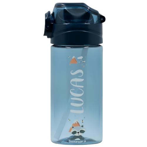 gutmarkiert Personalisierbare Trinkflasche für Kinder Auslaufsichere Kinder Trinkflasche mit Strohhalm 100% BPA-Frei Robuste Flasche für Jungen und Mädchen Spülmaschinenfest 450ml Dunkelblau