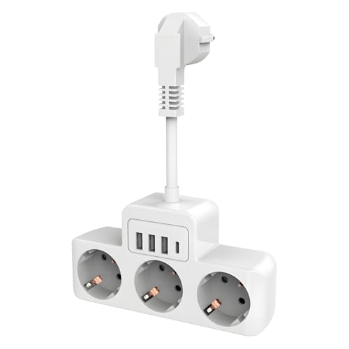 Journeyside Steckdosenleiste 3-Fach,Steckdose Erweiterungen, Steckerleiste Steckdosenadapter mit 3 Steckdosen & 3 USB &1 Typ-C Ports, 16A/3680W,Fettes Sicherheitskabel,Mehrfachsteckdose für Büro Hause