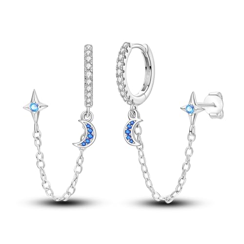 Hapour Double Piercing Chain Earrings for Women Teen, 925 Sterling Silver Hoop Earrings Huggie Cuff Chain Dangle Earrings with CZ Star Moon Charm