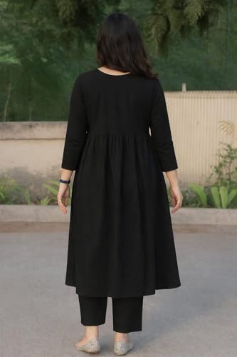 Image of Anarkali Kurta Pant Set for Women Long Flared V-Neck Kurta | Office & Casual Wear | 3 /4 Sleeve | Button Front | Karwa Chauth & Diwali Special Office wear