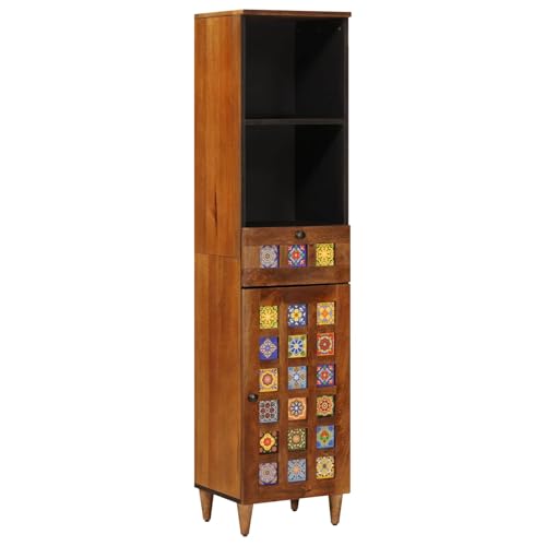 Runheo Mueble de baño de nogal, madera de mango, patas metálicas, 38 x 33,5 x 160 cm, con cajón, estante, puerta, para baño, aseo de invitados, práctico espacio de almacenamiento
