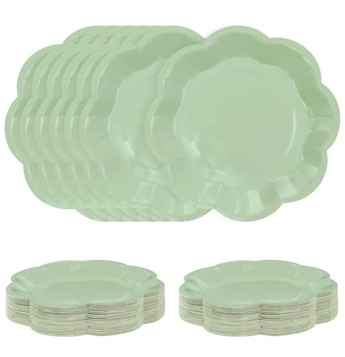 SietDESEO 50 PCS Sage Green Paper Plates 7 Inch Scalloped Dessert Plates Sage Disposable Plate for Party Dinner Wedding Baby Shower Birthday Green Cake Plate