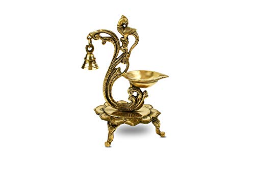 Image of GoldGiftIdeas Decorative Brass Diya with Bell, Brass Peacock Diya Stand, Brass Pooja Article, Housewarming /Diwali Gift (20 x 12 CM)