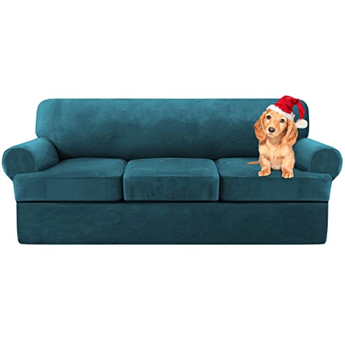 Sofa Cover,T Cushion Sofa Cover Velvet Non-Slip T Cushion 1/2/3 Seater Couch Cover with Individual T Cushion Seat Cover with Elastic Bands Furniture Slipcovers Protector (Deep Blue,3 Seater-4Pieces)