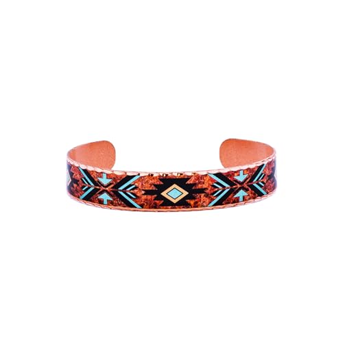 FRONT LINE JEWELRY Native American Copper Bracelets Feature Maroon & Turquoise Color Native Tribal Pattern Design Flame Painted Vintage Style Arrow Cuff Bracelets