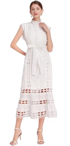 Image of LAI MENG FIVE CATS Women's Sleeveless Hollow Out Lace Button Up Casual Midi Party Dress with Belt