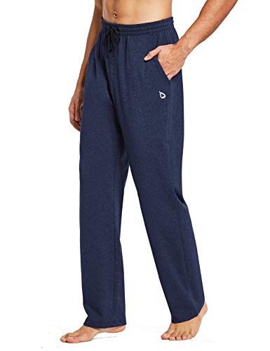 BALEAF Men s Cotton Yoga Sweatpants Lounge Pants Open Bottom Athletic Workout Running Loose Fit Sweat Pants with Pockets Heather Blue M
