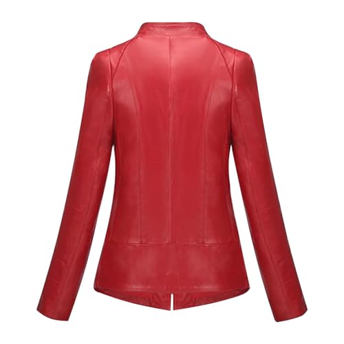 Women's Red Leather Asymmetrical Jacket, Long Sleeve2