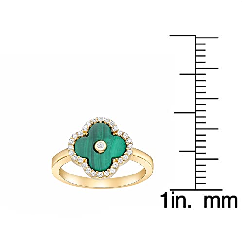 Lavari Jewelers Four Leaf Flower Ring for Women - Black Onyx Green Malachite or Mother of Pearl & Cubic Zirconia in 925 Sterling Silver - Hypoallergenic Gold Plated - Halo Clover Ring Size 5 to 84