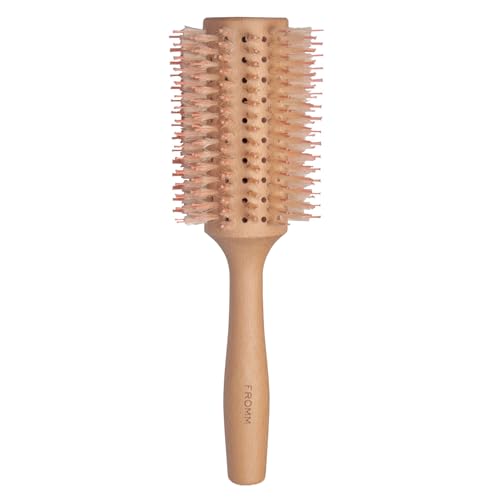 Fromm Mission Sleek 1.75 Vented Round Boar Brush for Smooth Lustrous Blowouts Even on Frizz-Prone Hair Wooden Hairbrush with Natural Boar for Anti-static Styling Smoothing Straightening and Shine