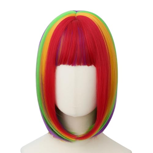 Image of Rose bud Rainbow Bob Wig with Fringe 12 Inch Short Straight Colorful Costume Wigs for Women Cosplay Party Halloween