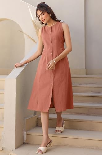 Image of Janasya Women's Rust Linen Cotton Solid A-line Dress