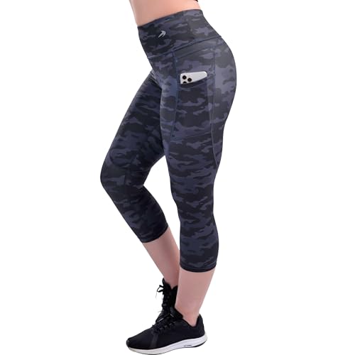 CompressionZ High Waisted Capri Compression Leggings for Women Tummy Control - Workout, Gym, Pilates, Travel, Yoga Pants, Camo Black W/ Pockets, Large