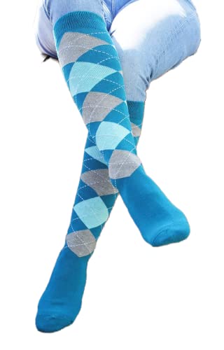 Rhinegold Womens Horse Riding Socks with Reinforced Cushioned Soles, Teal/Grey, Equestrian Knee High Socks for Women