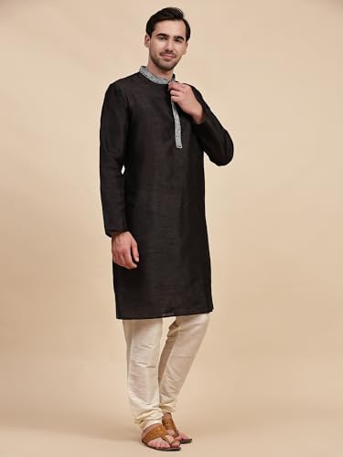 Image of Men's Art Silk Kurta Pajama Set with Embroidered Collar | Traditional Indian Ethnic Wear Long Sleeve Straight Kurta with Churidar Pajama