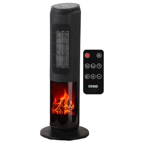 BREND BR-2222 Chauffage Électrique avec Cheminée Décorative et Thermostat 18-45°C – Chauffage Céramique avec Oscillation – Effet Flamme Réaliste – Minuterie – Noir
