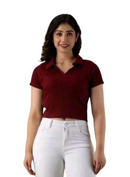 Solid Ribbed Polo Collared Full Length Top for Wome-image-18