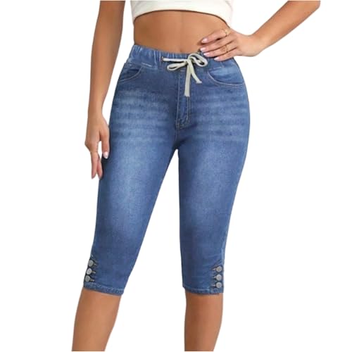 Pull on Capri Jeans for Women Skinny Drawstring Stretchy Cropped High Waisted Denim Capris Pants Cowgirl Outfits