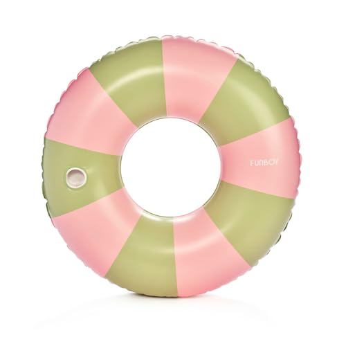 Image of FUNBOY Giant Pink & Green Stripe Inflatable Pool Float with Cup Holder, 48 inch Adult Inner Tube Swim Ring Pool Lounger